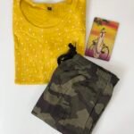 Yellow Polka Dot's Printed T-shirt with Green Contrast Pant Set - M