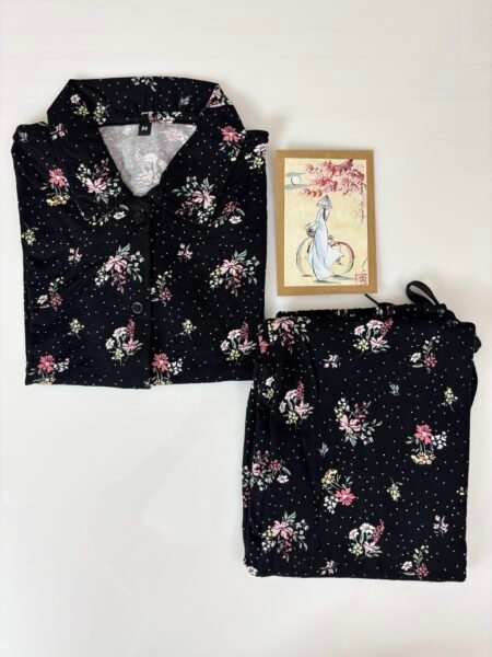 Spun Fabric Black with Pink Floral Printed Shirt and Pant Coords