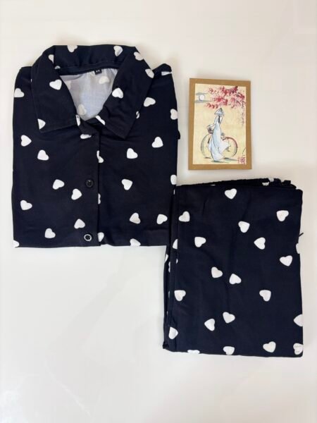 Spun Fabric Black with Small White Hearts Printed Shirt and Pant Coords