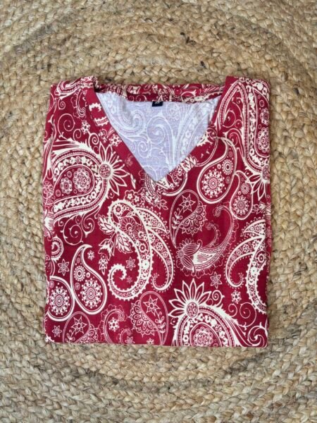 Red Beige Leaf Pattern Printed Lounge Frock